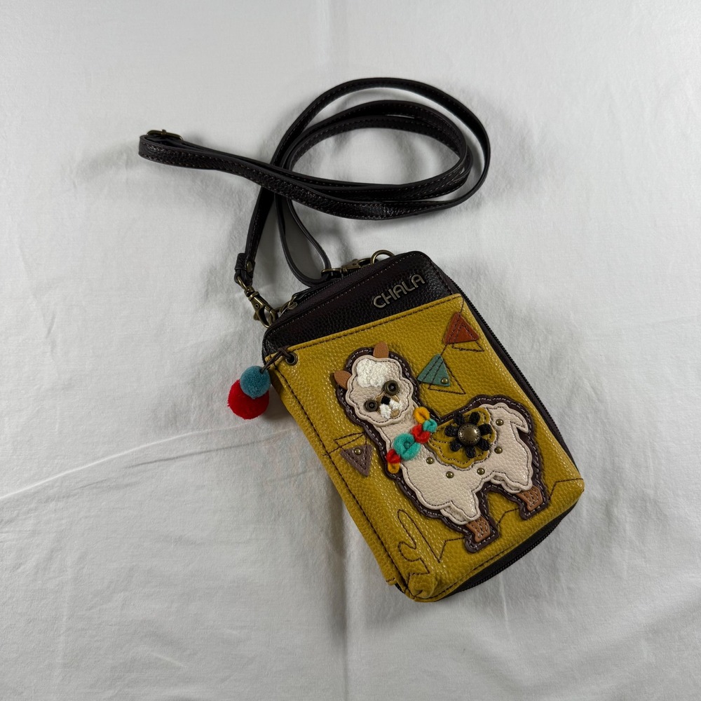 Chala Small Yellow Llama Applique Pom Pom Crossbody Cell Phone Crossbody Purse